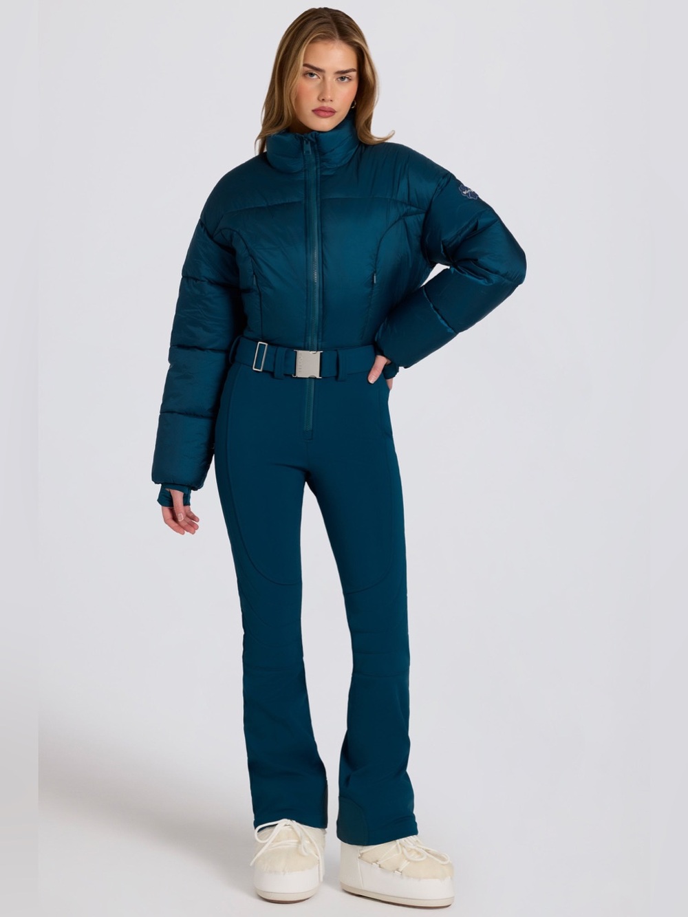 Bo + Tee High-Waist Teal Ski Jumpsuit with Belted Puffer Jacket